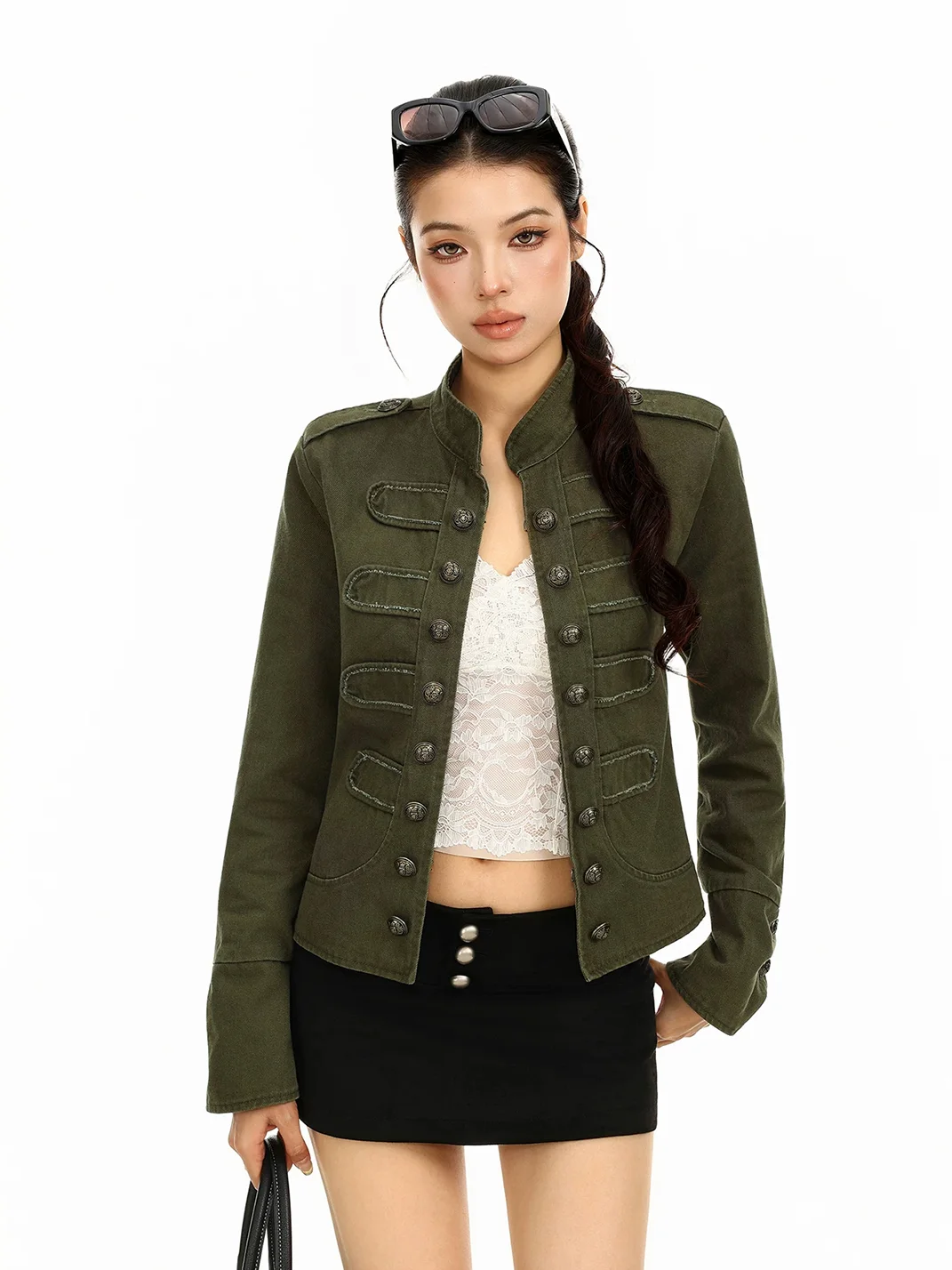 BIGGOLD | Mandarin Collar Double-Breasted Cropped Jacket