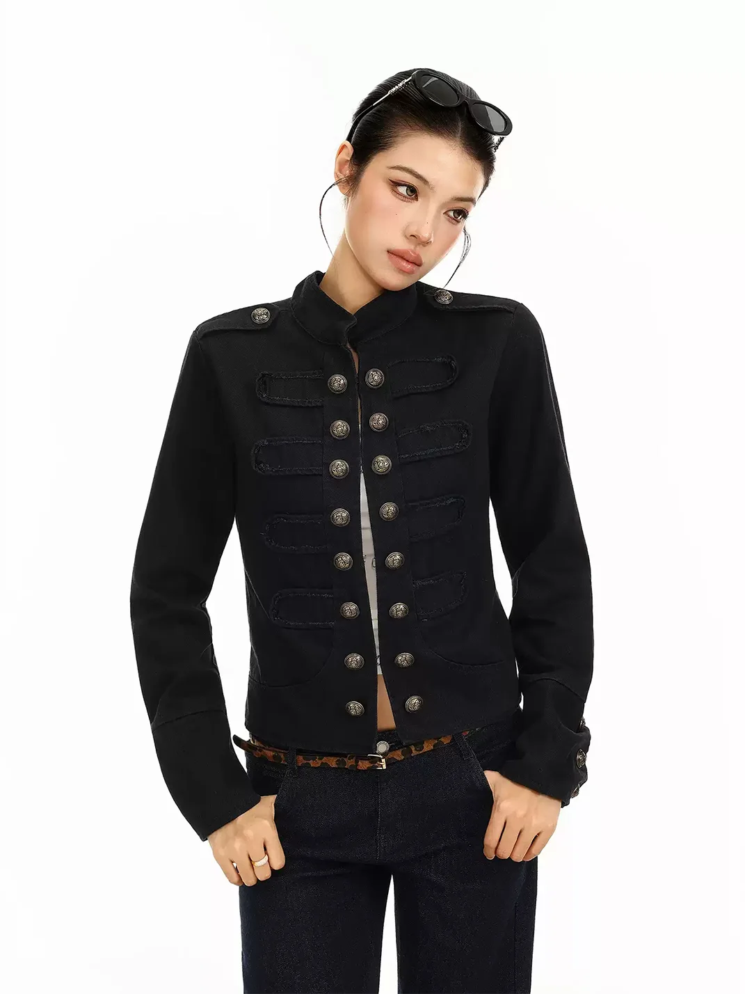 BIGGOLD | Mandarin Collar Double-Breasted Cropped Jacket