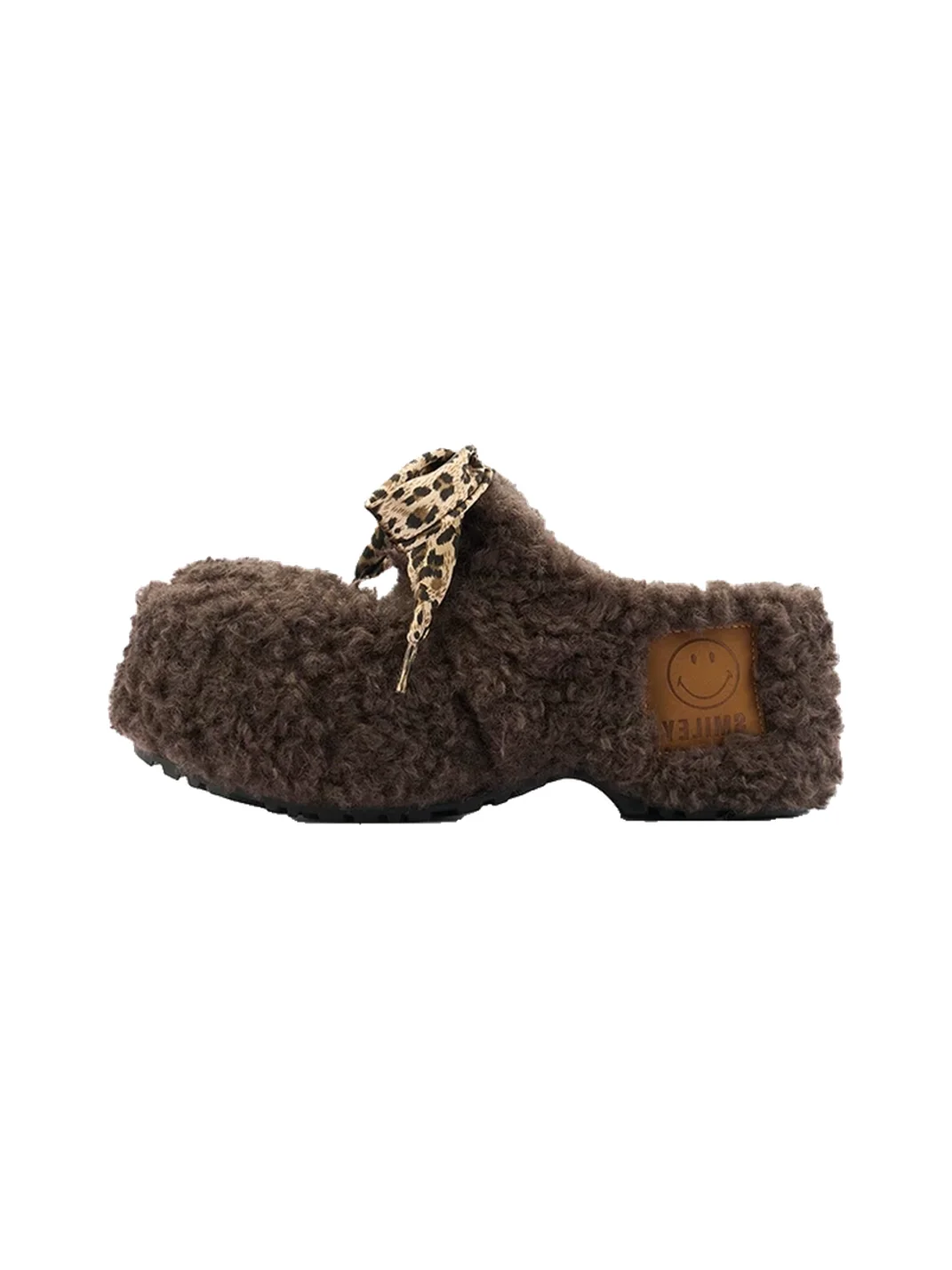 SMILEY | Leopard Lace Fuzzy Platform Slip-On Mules