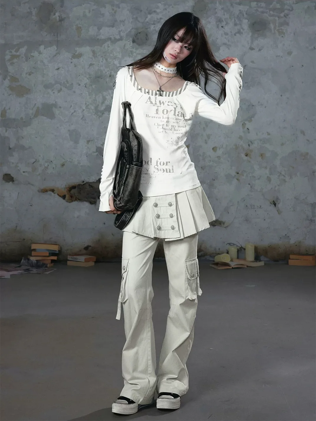 Cest Nous | Pleated Skirt Panel Micro-Flare Cargo Pants