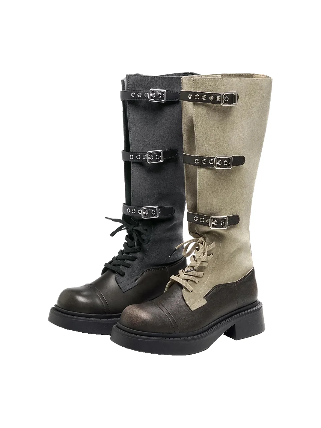 EBLAN | Buckled Lace-Up Platform Riding Boots