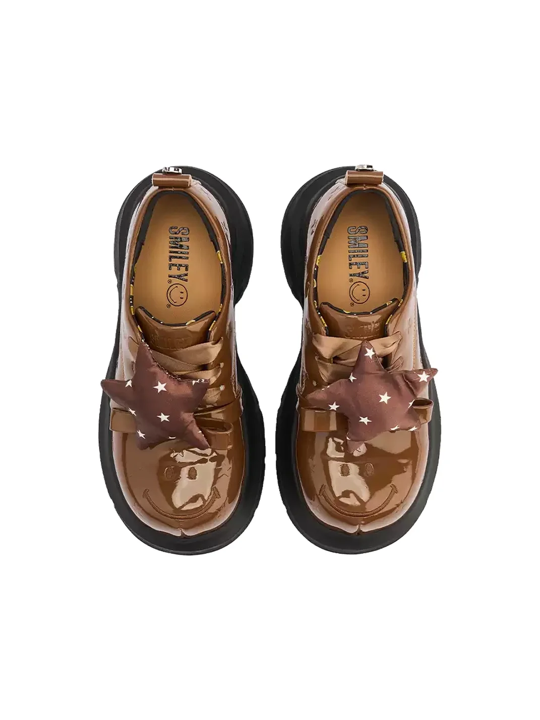 SMILEY | Glossy Star-Embossed Round-Toe Derby Shoes