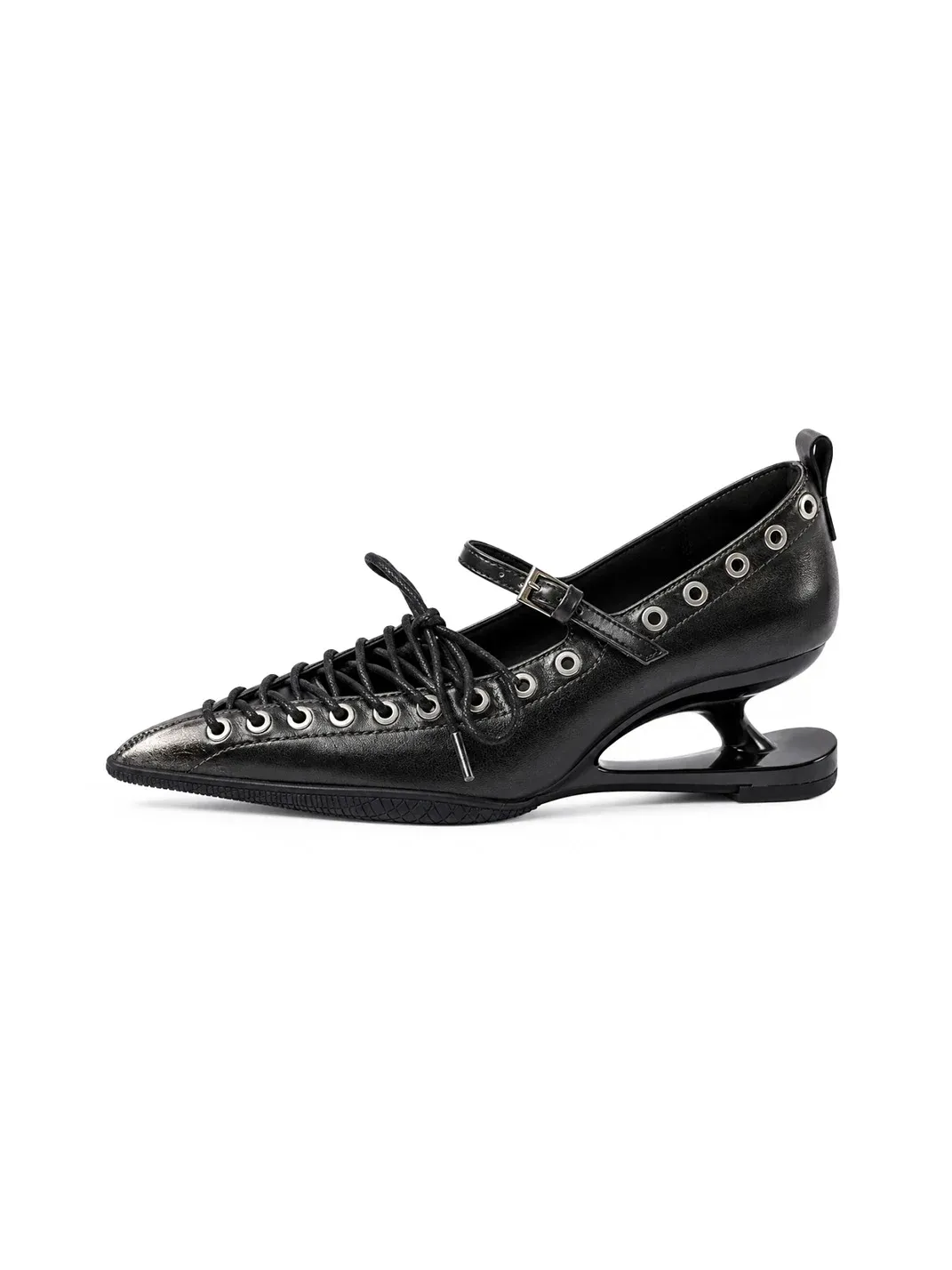 PINJIAHUI | Pointed Toe Lace-Up Low-Cut High Heels-Black