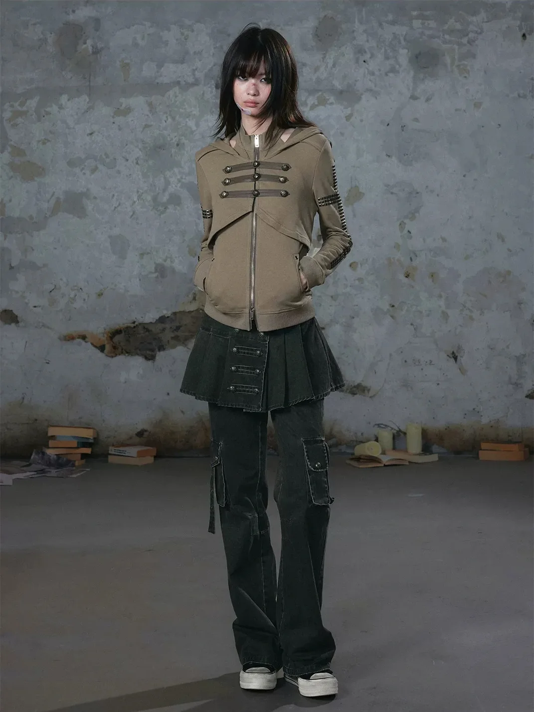 Cest Nous | Pleated Skirt Panel Micro-Flare Cargo Pants