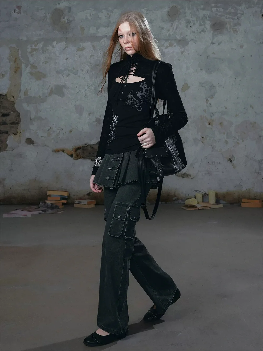 Cest Nous | Pleated Skirt Panel Micro-Flare Cargo Pants