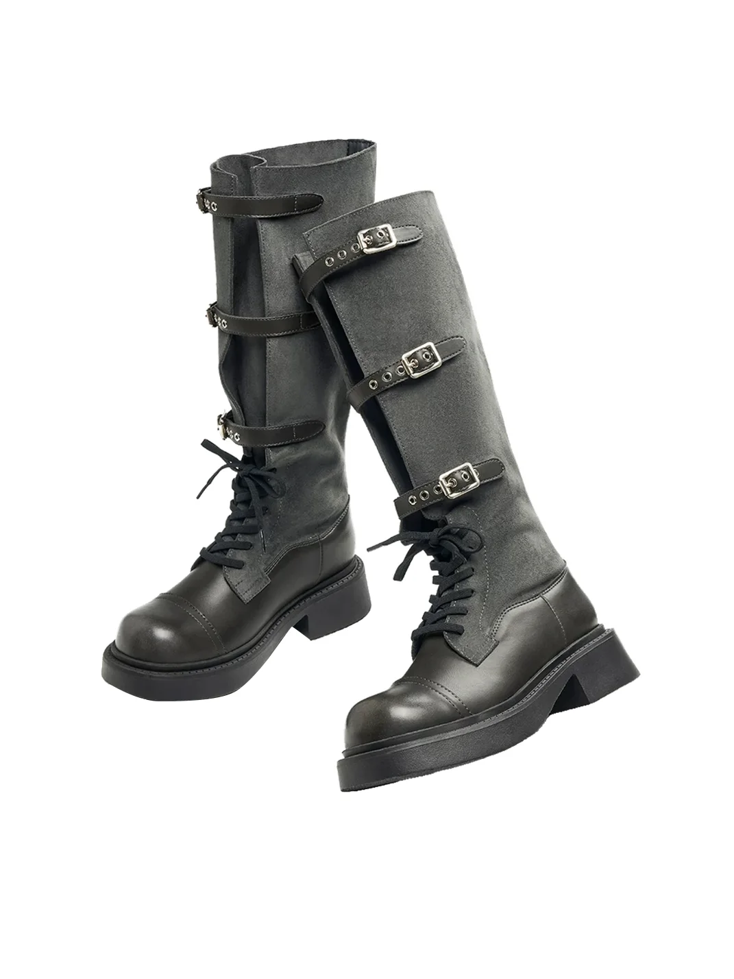 EBLAN | Buckled Lace-Up Platform Riding Boots