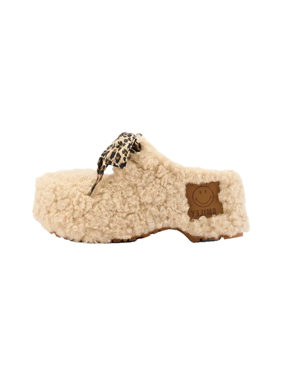 SMILEY | Leopard Lace Fuzzy Platform Slip-On Mules - 4