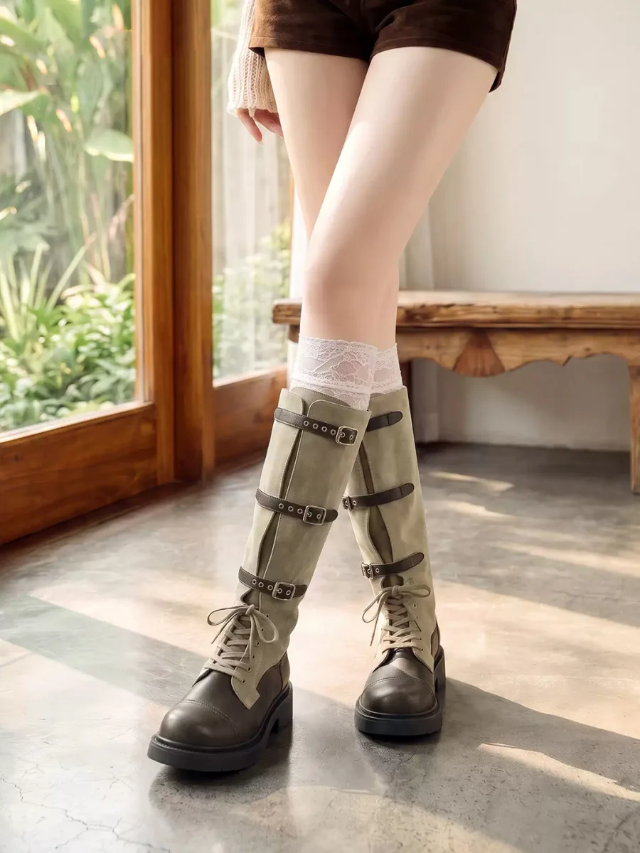 EBLAN | Buckled Lace-Up Platform Riding Boots - 2