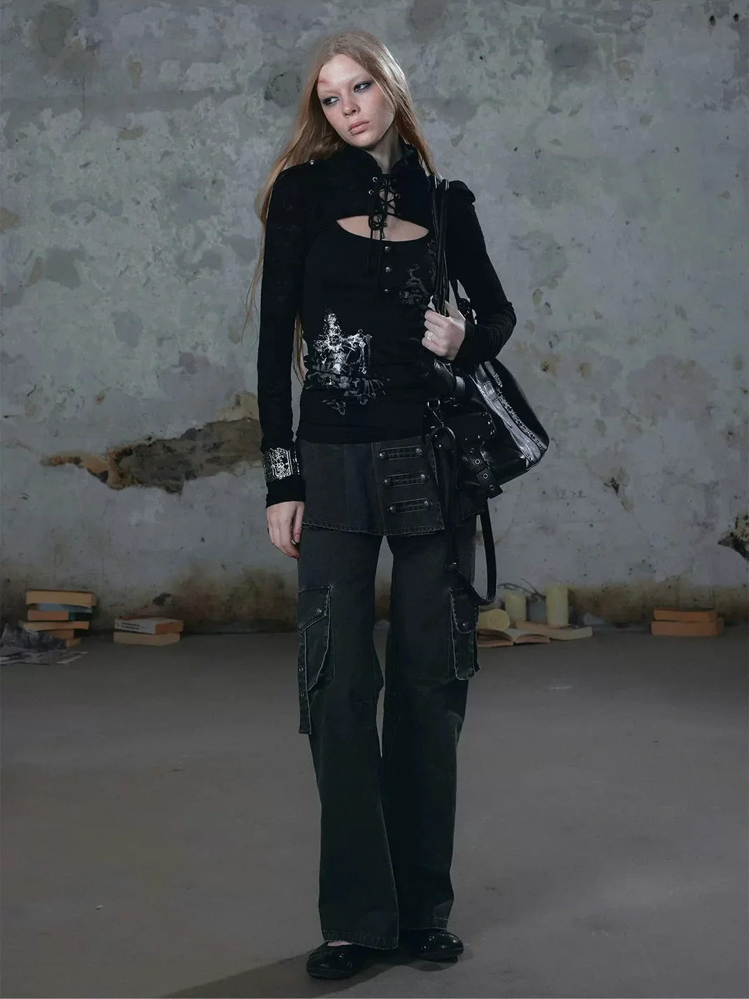 Cest Nous | Pleated Skirt Panel Micro-Flare Cargo Pants