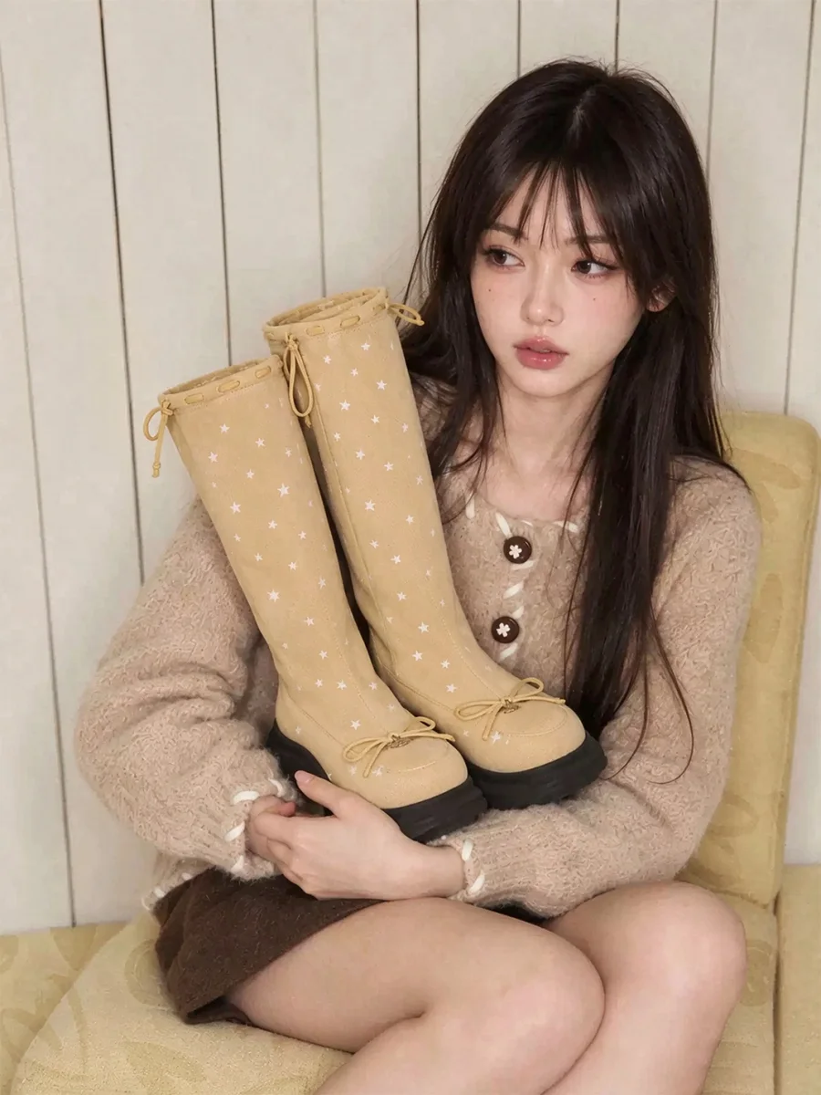 SMILEY | Star Print Bow Platform Tall Boots - 4