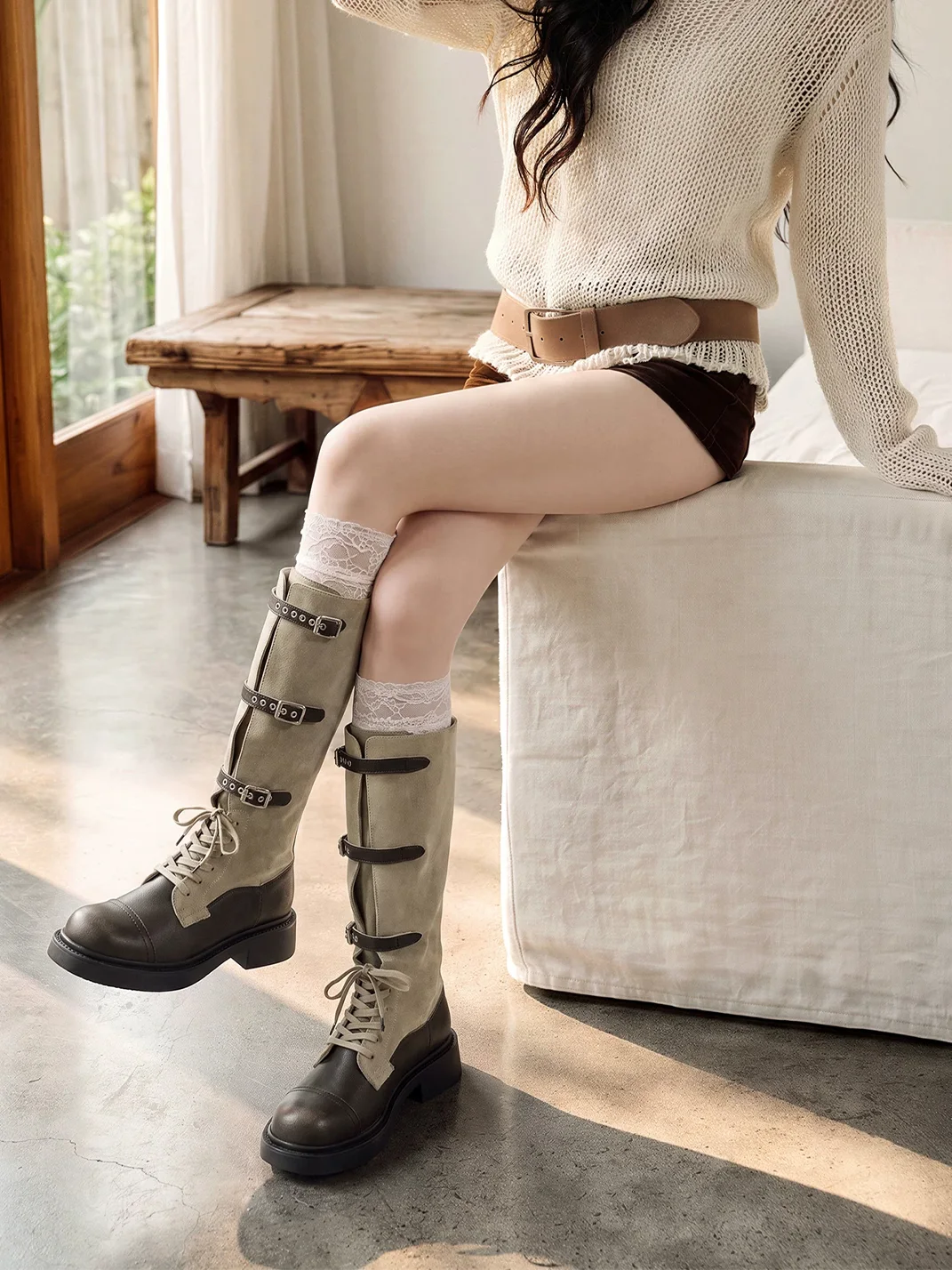 EBLAN | Buckled Lace-Up Platform Riding Boots