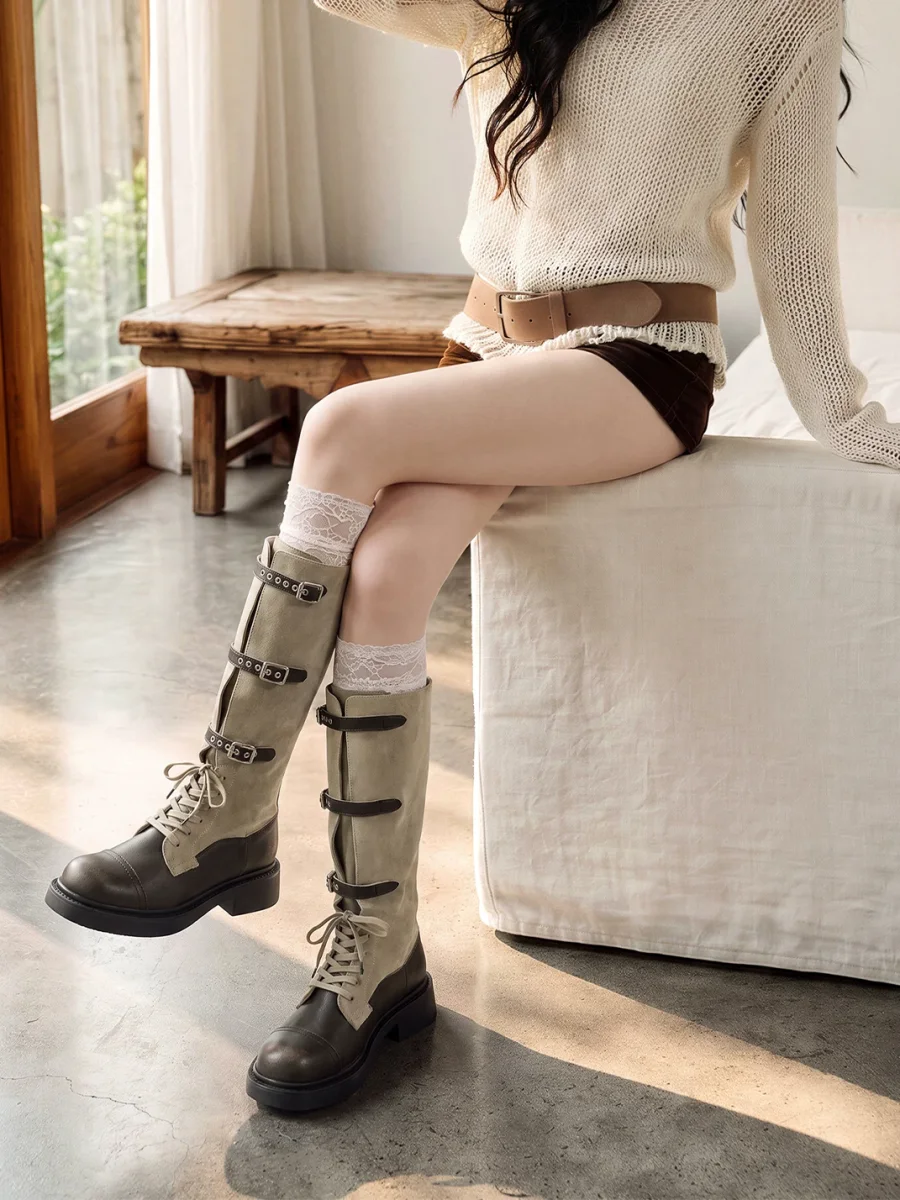 EBLAN | Buckled Lace-Up Platform Riding Boots - 3