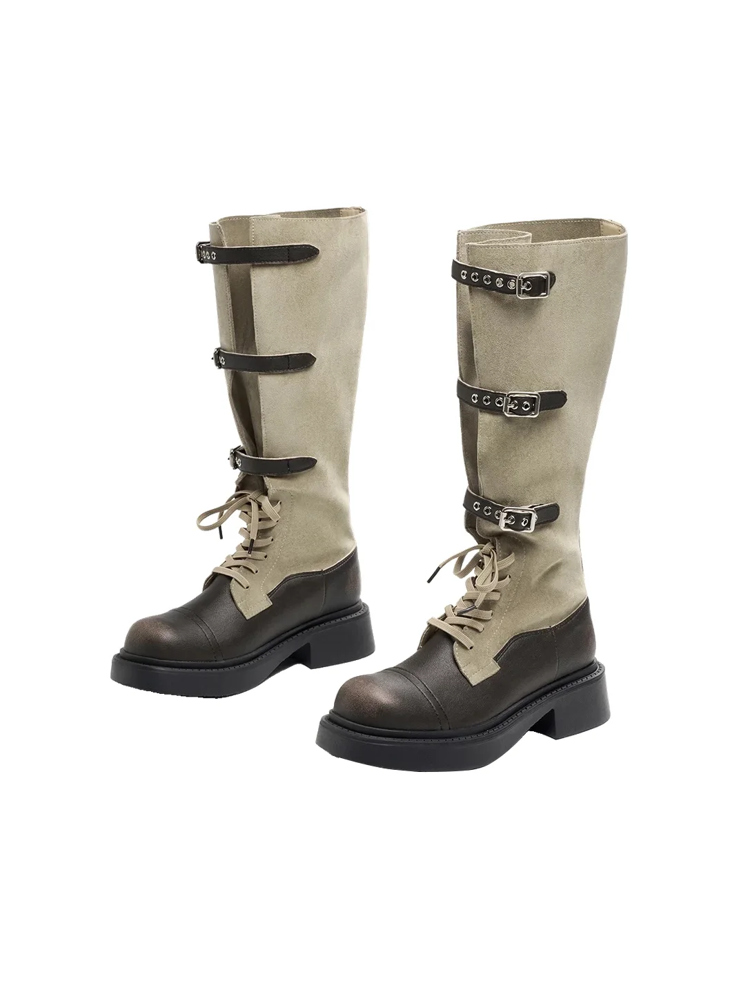 EBLAN | Buckled Lace-Up Platform Riding Boots