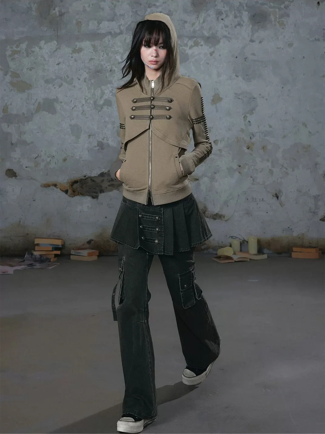 Cest Nous | Pleated Skirt Panel Micro-Flare Cargo Pants