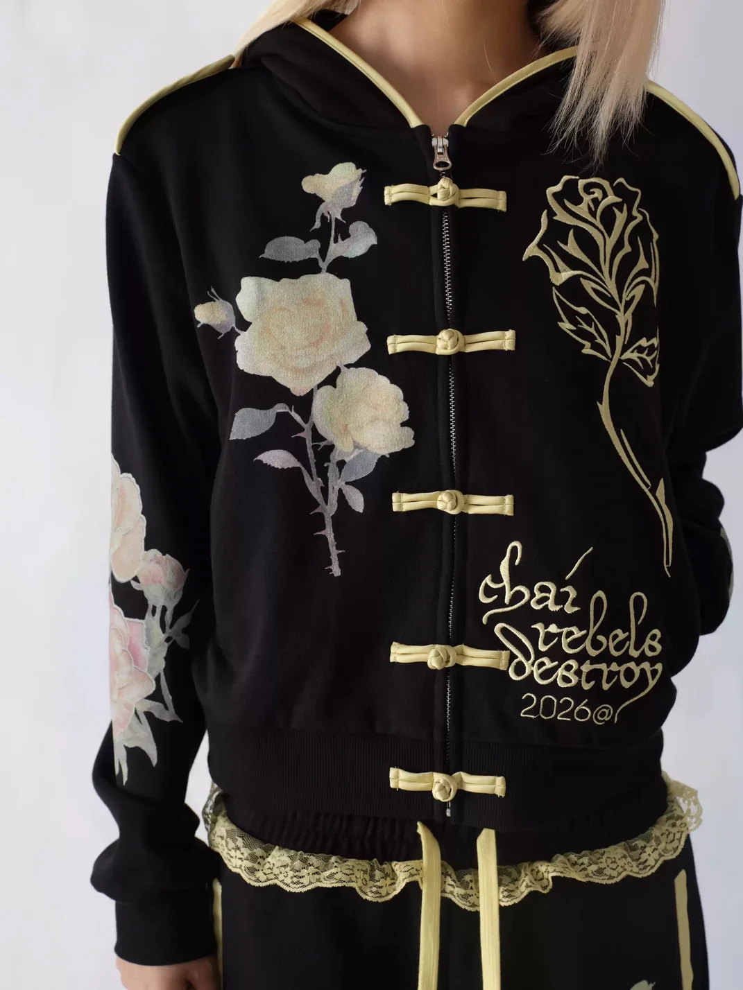 CHAI | Rose Embroidered Floral Print Hooded Zip Jacket