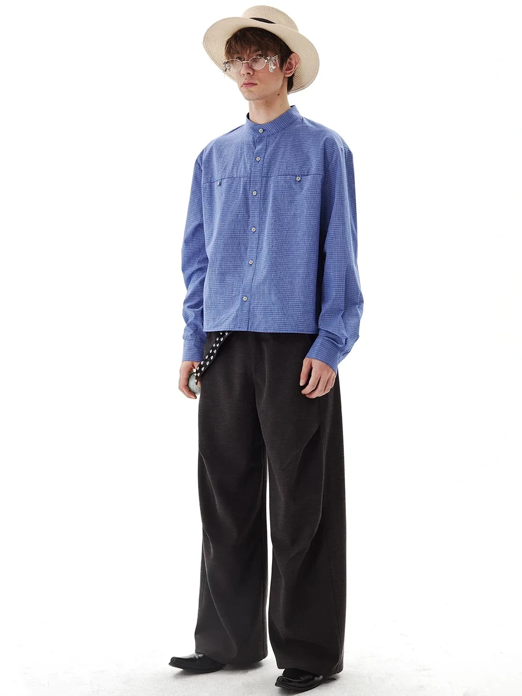 PasET | Cropped Wide-Fit Check Stand-Collar Shirt