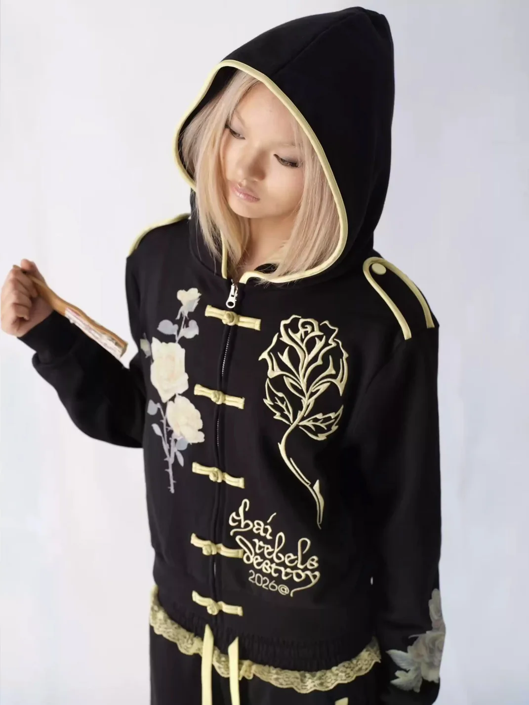 CHAI | Rose Embroidered Floral Print Hooded Zip Jacket
