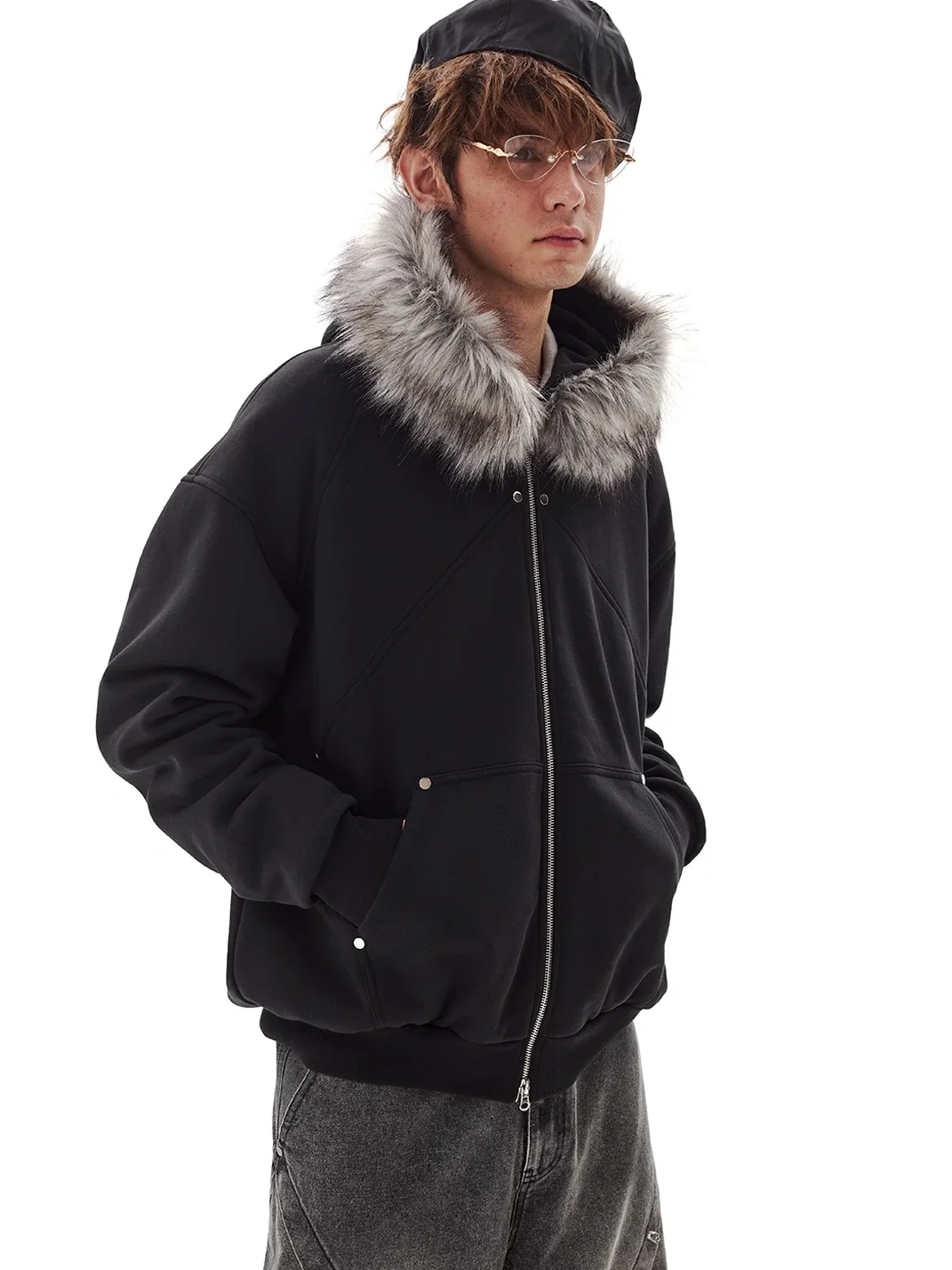 PasET | Fur-Trimmed Hooded Patchwork Zip Jacket