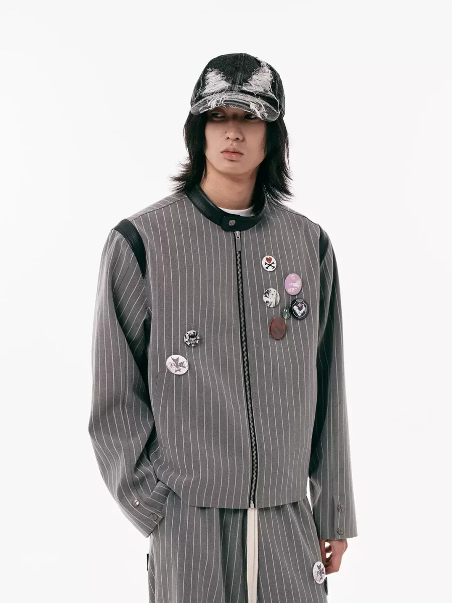 PasET | Cropped Pinstripe Embroidered Badge Jacket - 2