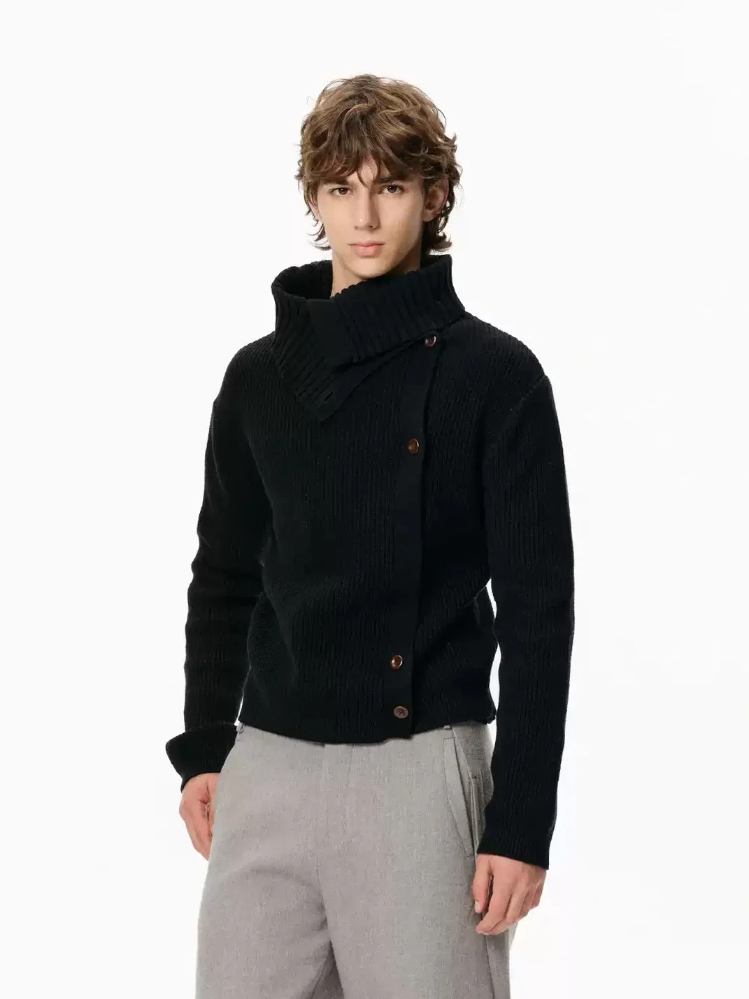 KREATE | Slim Fit Ribbed Stand Collar Asymmetric Cardigan