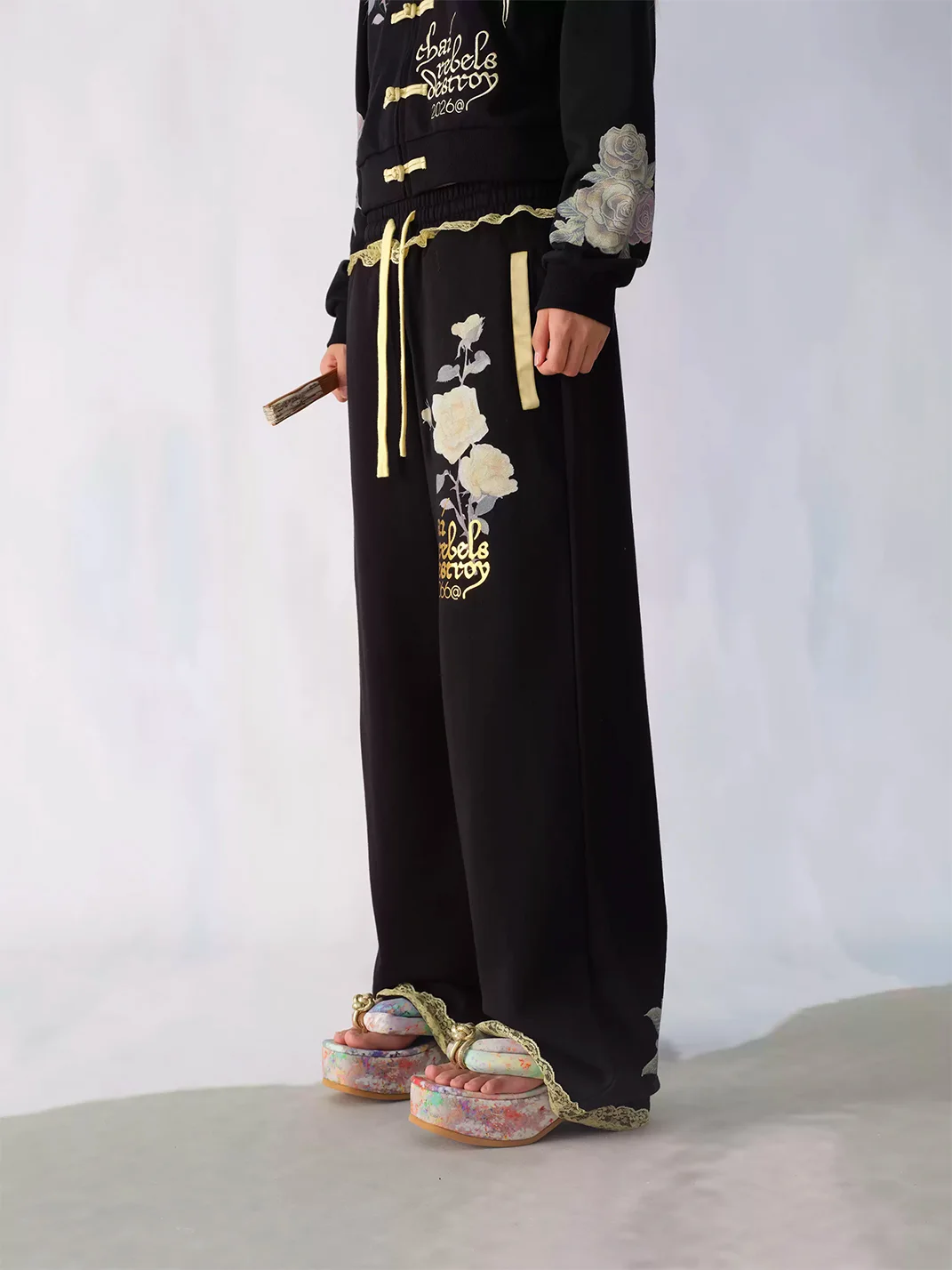 CHAI | Rose Print Lace Trim Wide Leg Sweatpants