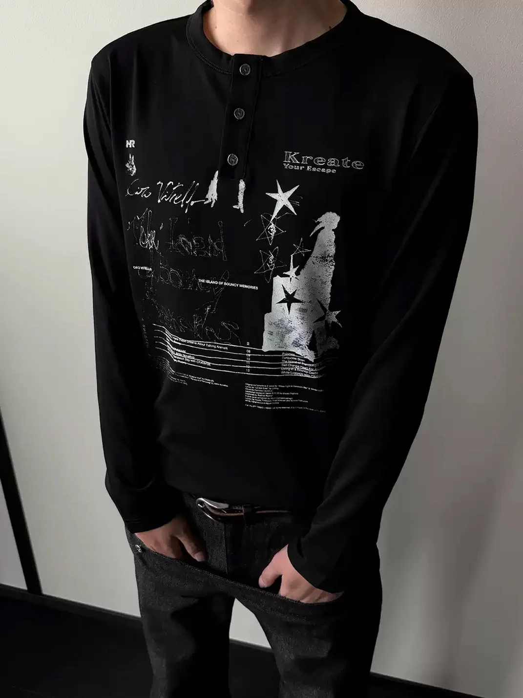 KREATE | Distressed Print Long Sleeve Henley T-Shirt