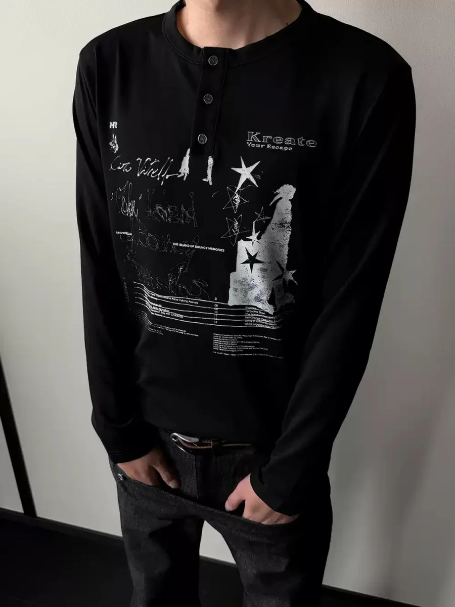 KREATE | Distressed Print Long Sleeve Henley T-Shirt - 2