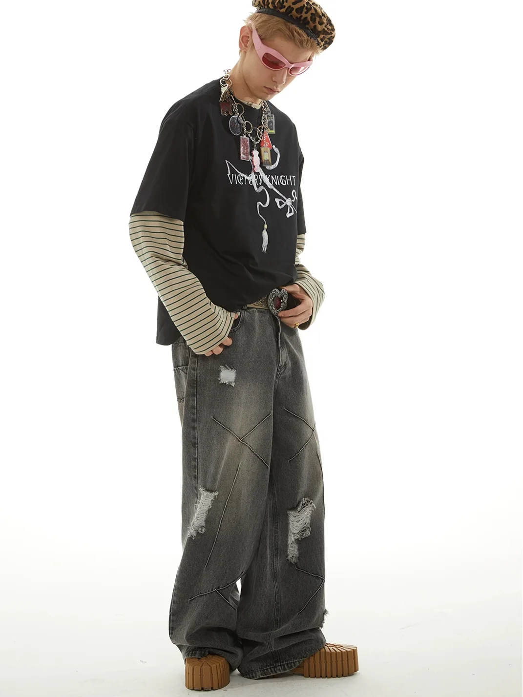 PasET | Loose Wide-Leg Ripped Washed Jeans