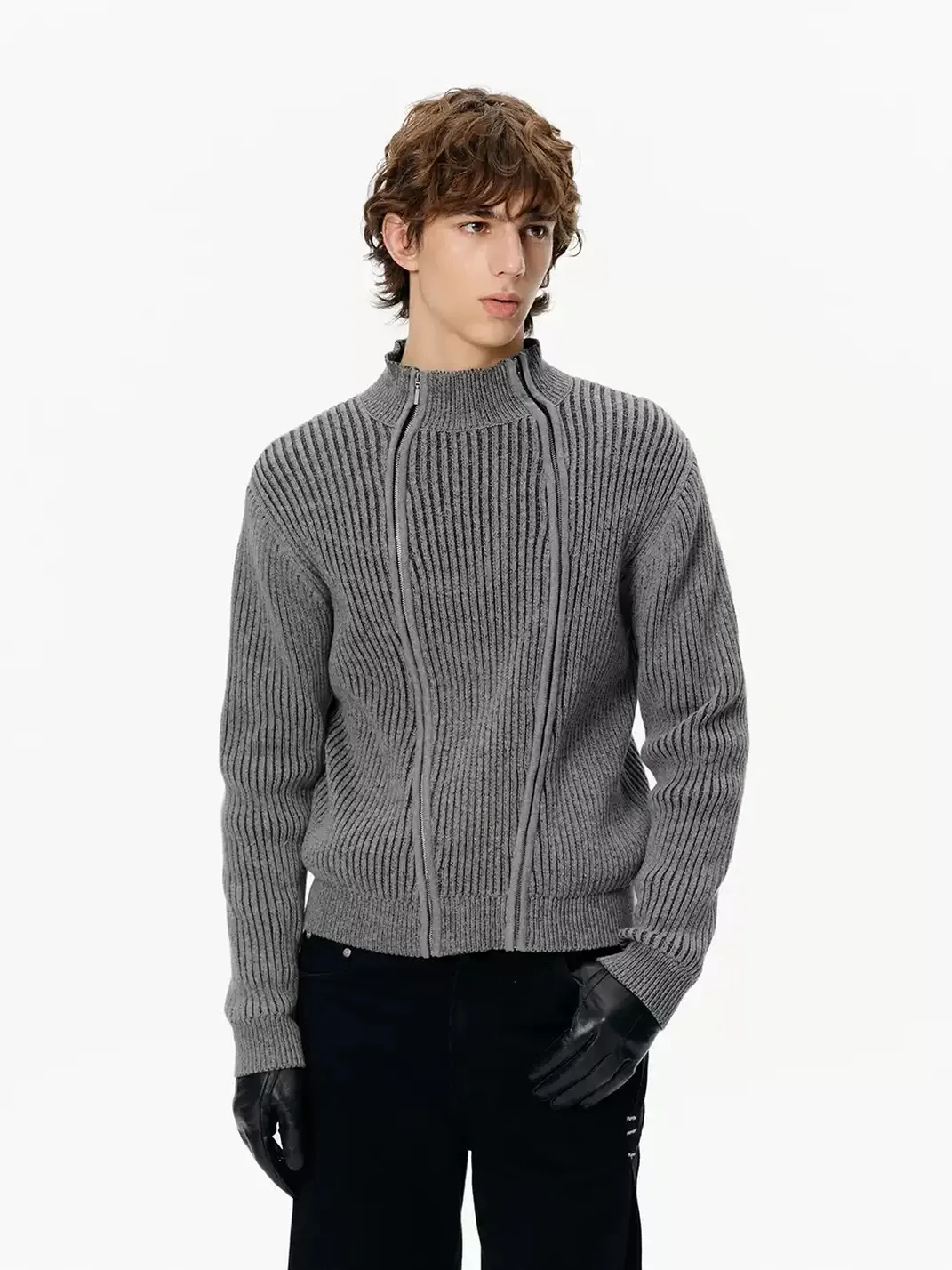 KREATE | Ribbed Slim Fit Double-Zip Stand-Collar Cardigan