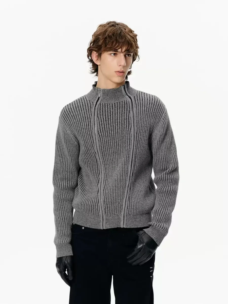 KREATE | Ribbed Slim Fit Double-Zip Stand-Collar Cardigan - 2