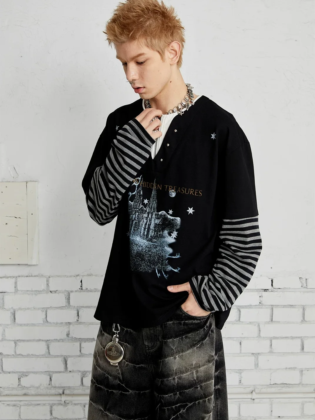 PasET | Loose Layered Henley Striped Graphic Long Sleeve T-Shirt