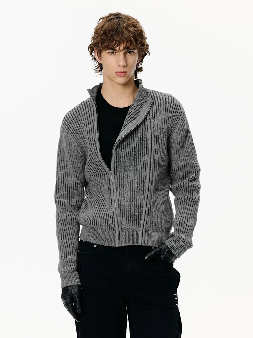 KREATE | Ribbed Slim Fit Double-Zip Stand-Collar Cardigan