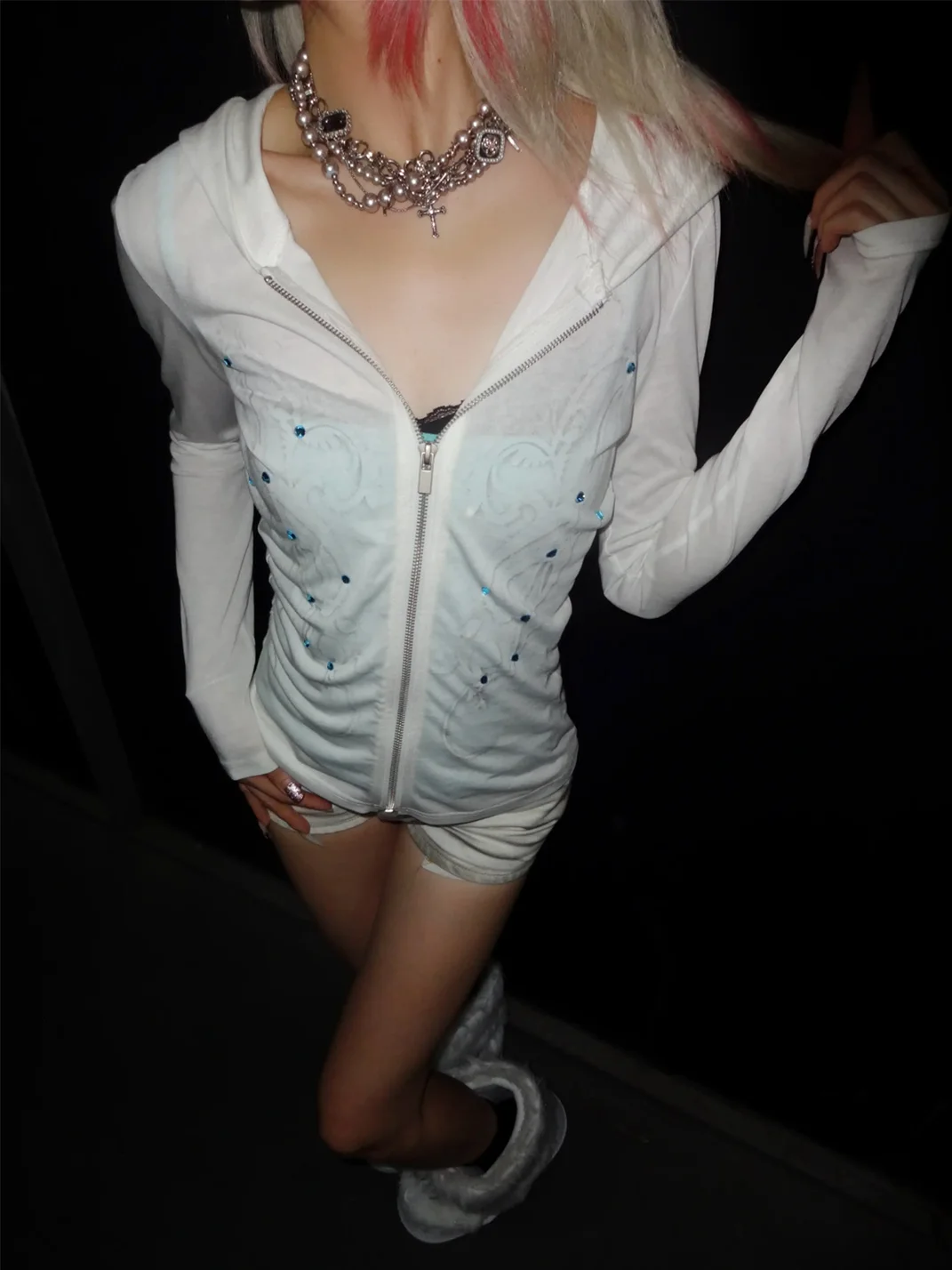 4AMSTUDIO | Slim-Fit White Hooded Zip Long-Sleeve Top