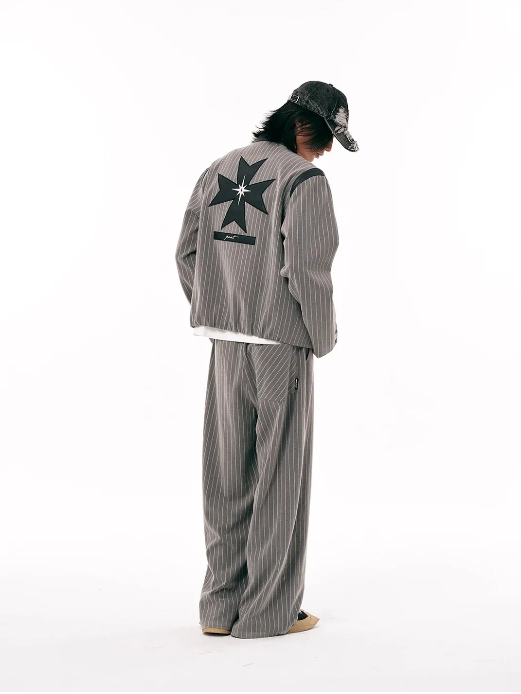 PasET | Cropped Pinstripe Embroidered Badge Jacket