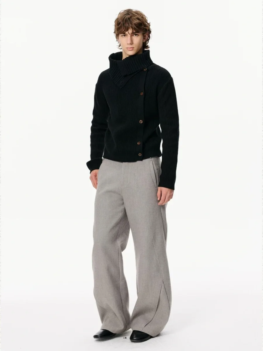 KREATE | Slim Fit Ribbed Stand Collar Asymmetric Cardigan - 4