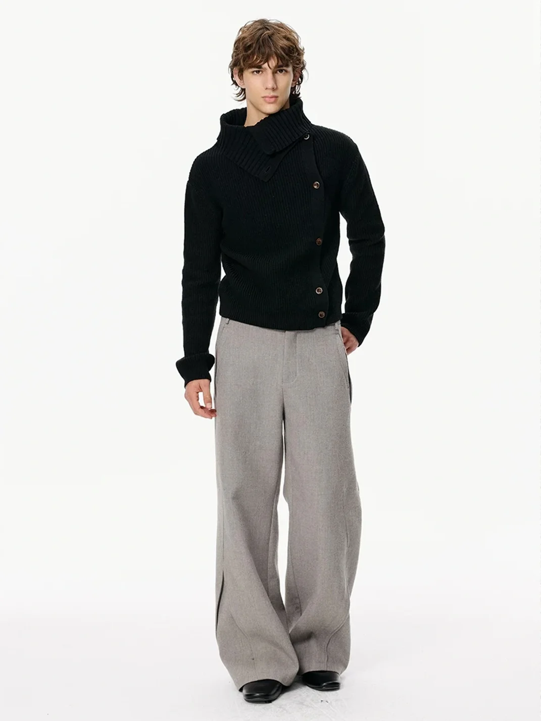 KREATE | Slim Fit Ribbed Stand Collar Asymmetric Cardigan