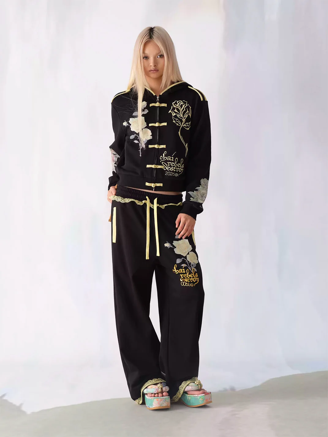 CHAI | Rose Print Lace Trim Wide Leg Sweatpants