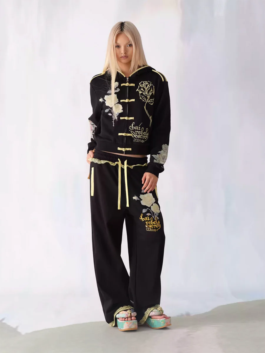 CHAI | Rose Print Lace Trim Wide Leg Sweatpants - 3