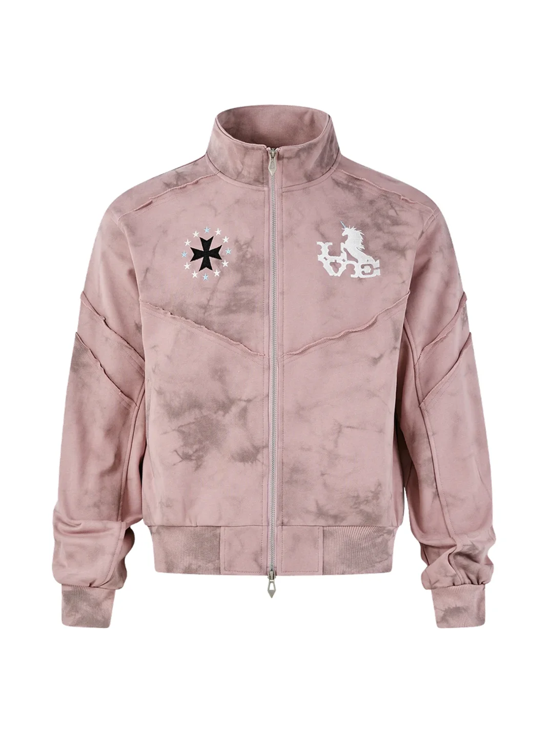 PasET | Pink Distressed Embroidered Cropped Zip-Up Jacket