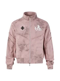 PasET | Pink Distressed Embroidered Cropped Zip-Up Jacket