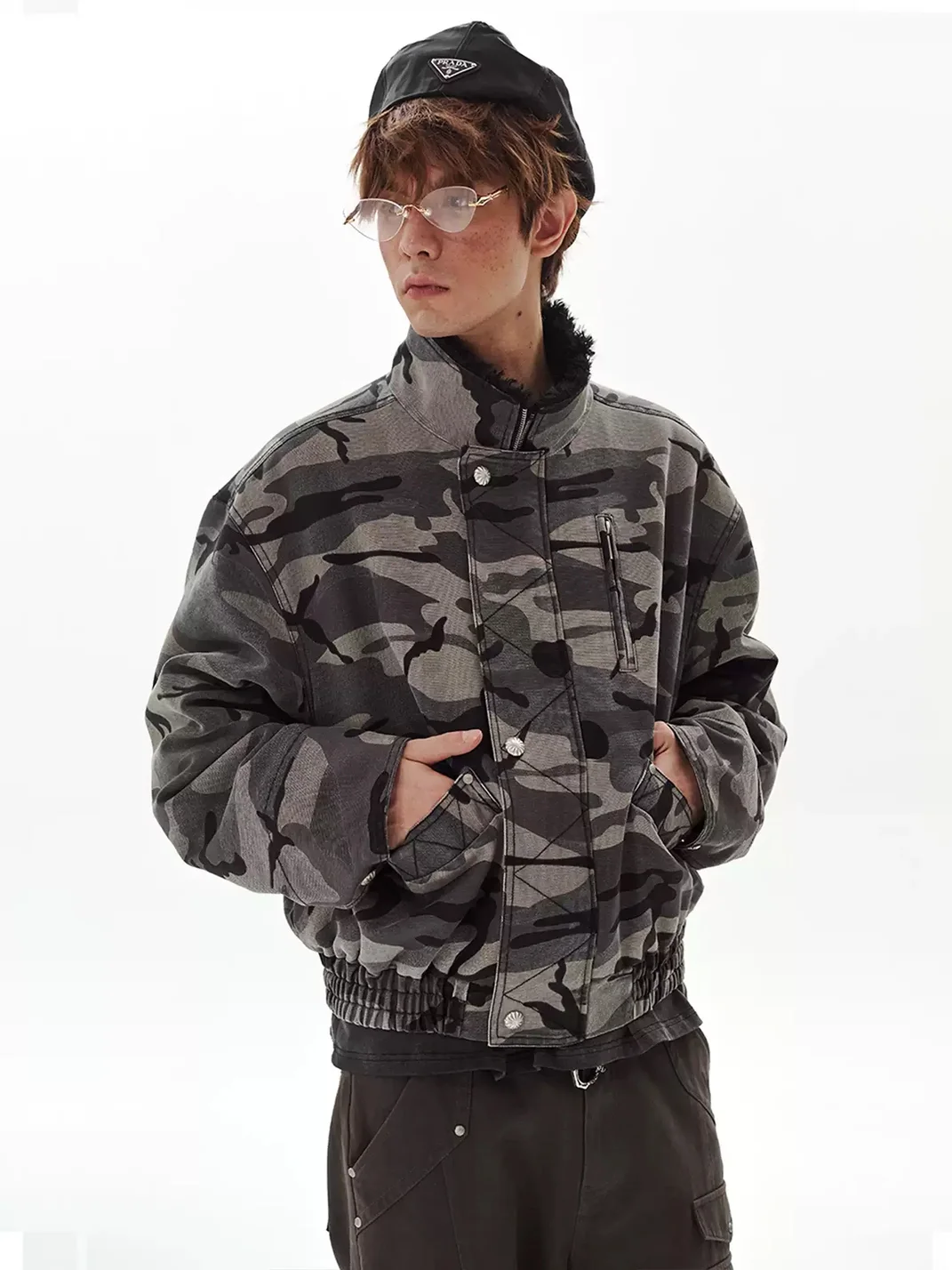 PasET | Cropped Loose Fit Camouflage Stand Collar Jacket