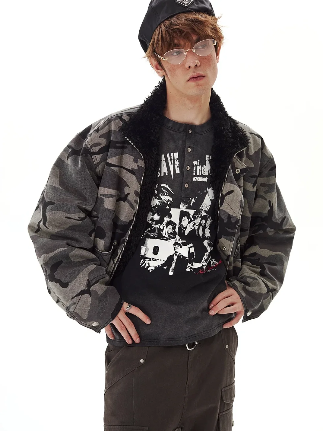 PasET | Cropped Loose Fit Camouflage Stand Collar Jacket