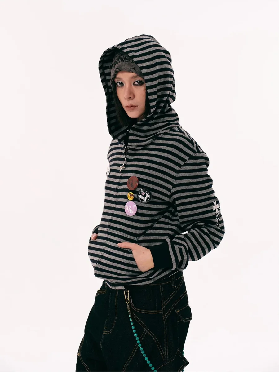 PasET | Striped Cross-Embroidered Zip-Up Hoodie - 2