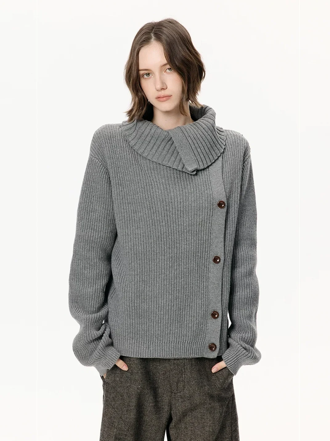 KREATE | Slim Fit Ribbed Stand Collar Asymmetric Cardigan