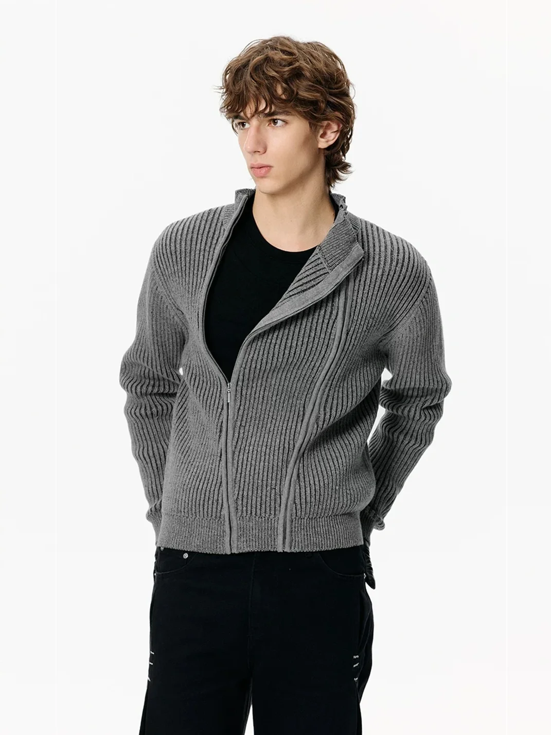 KREATE | Ribbed Slim Fit Double-Zip Stand-Collar Cardigan