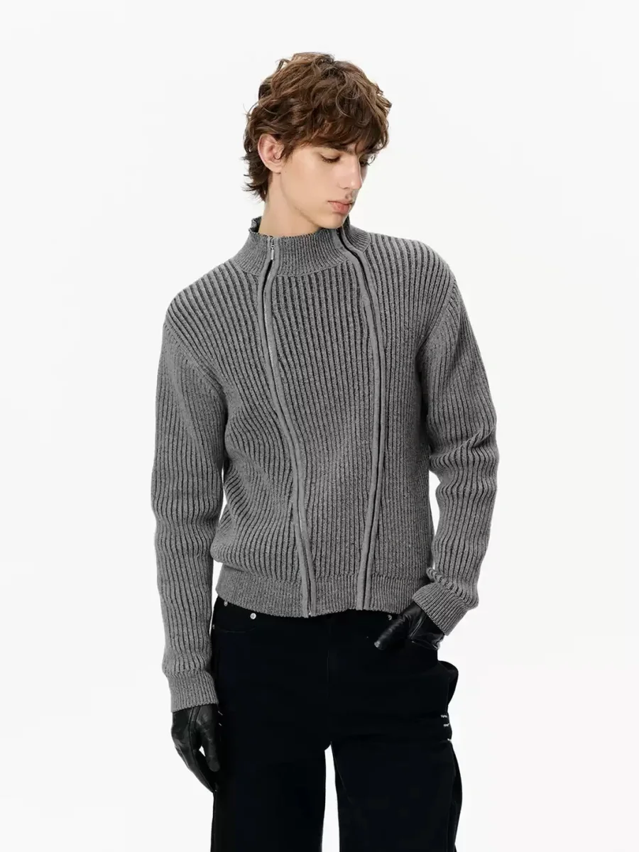 KREATE | Ribbed Slim Fit Double-Zip Stand-Collar Cardigan - 3