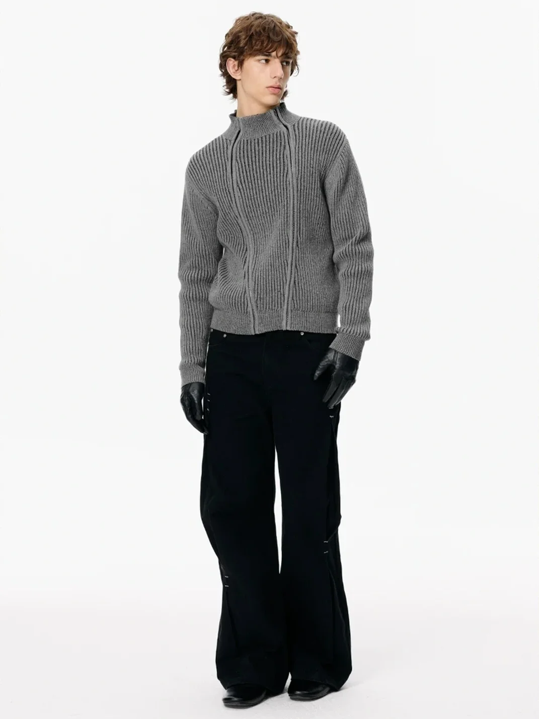 KREATE | Ribbed Slim Fit Double-Zip Stand-Collar Cardigan