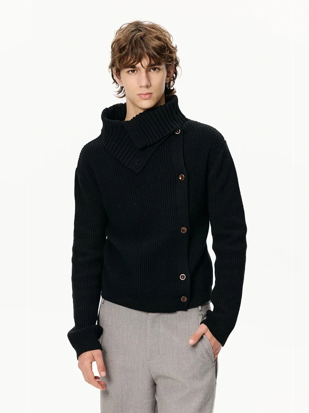 KREATE | Slim Fit Ribbed Stand Collar Asymmetric Cardigan