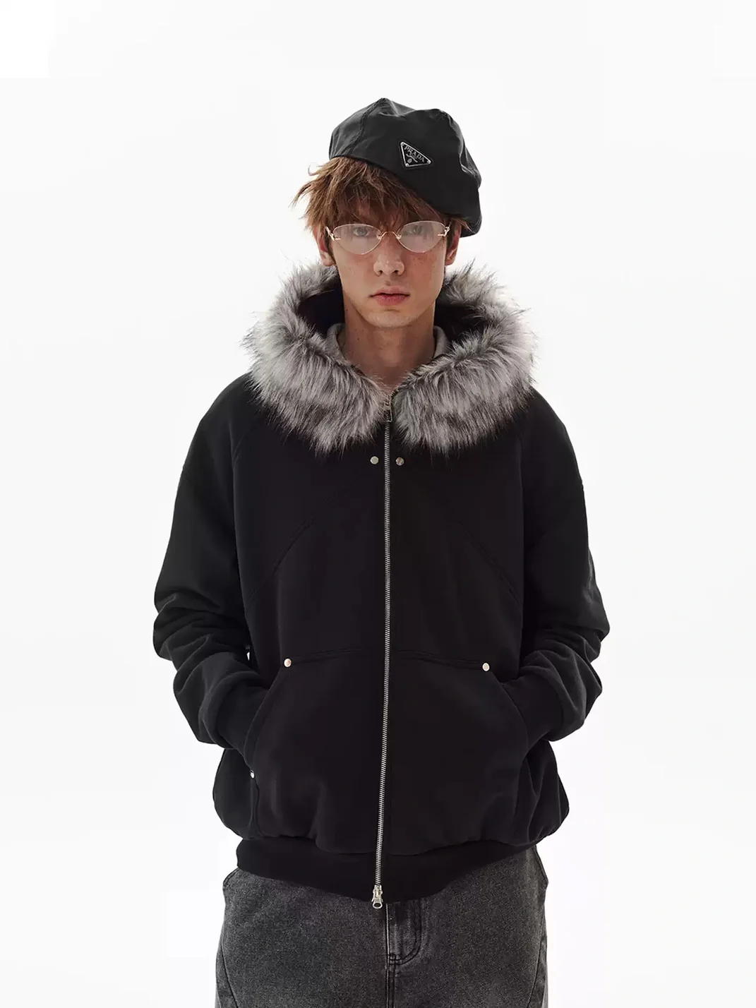 PasET | Fur-Trimmed Hooded Patchwork Zip Jacket