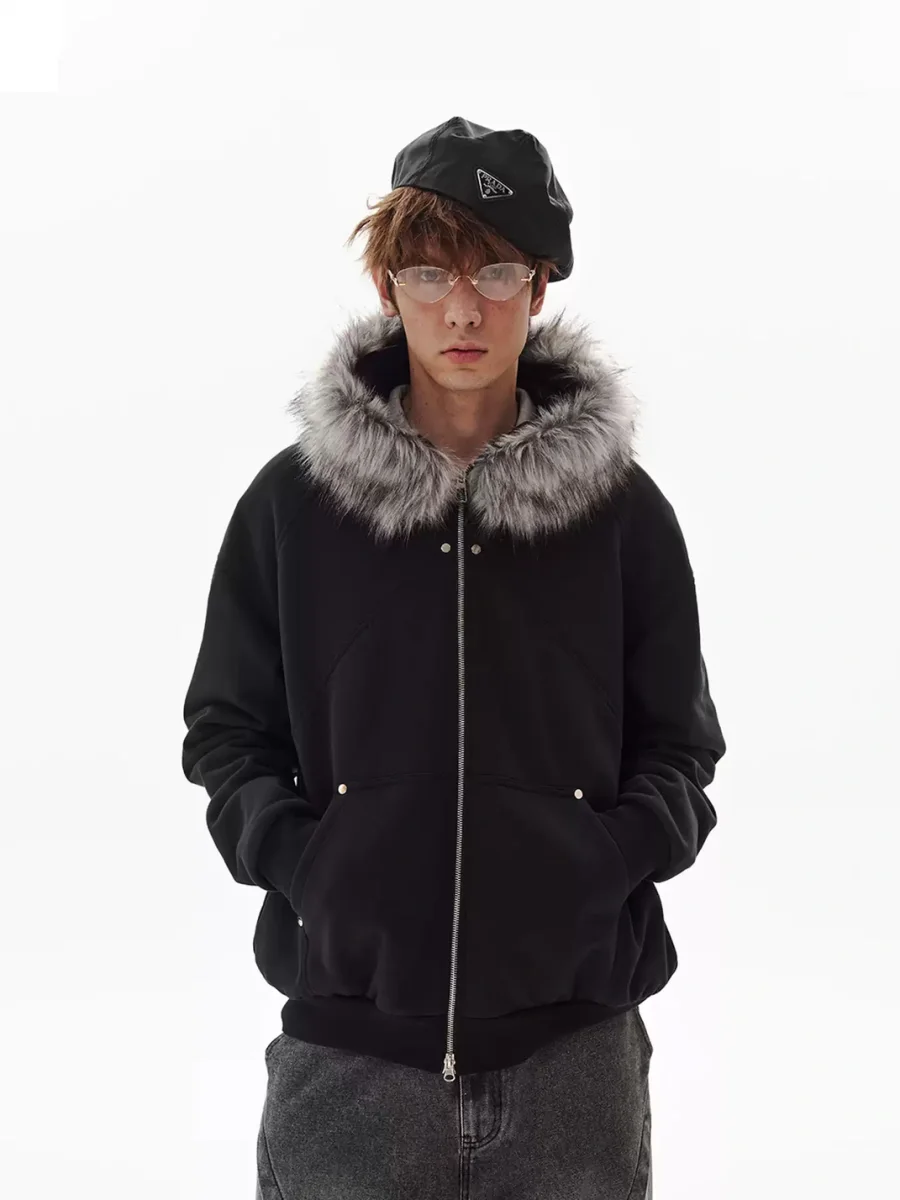PasET | Fur-Trimmed Hooded Patchwork Zip Jacket - 3